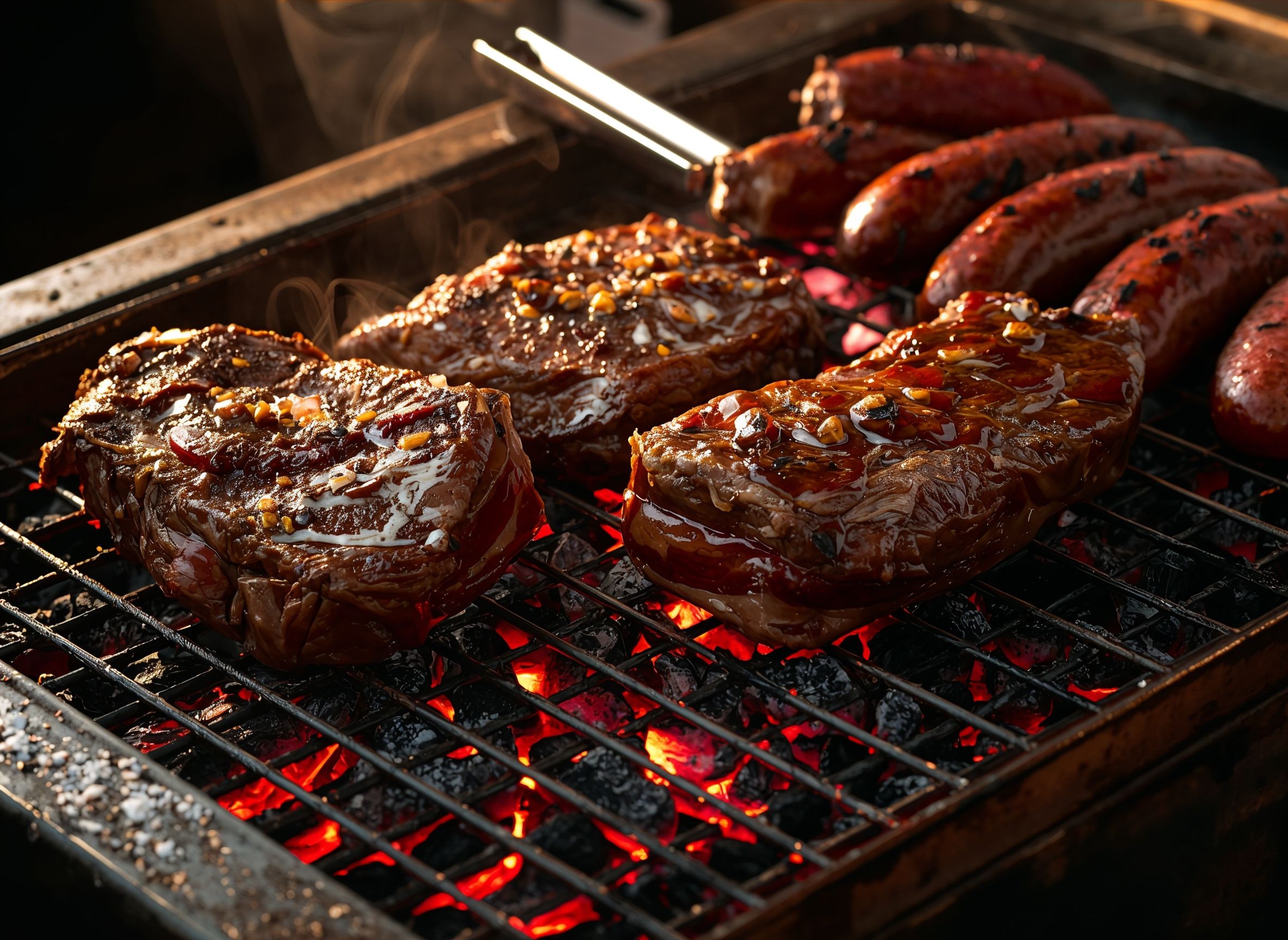 Argentinsk asado-grill med olika köttbitar över glöd